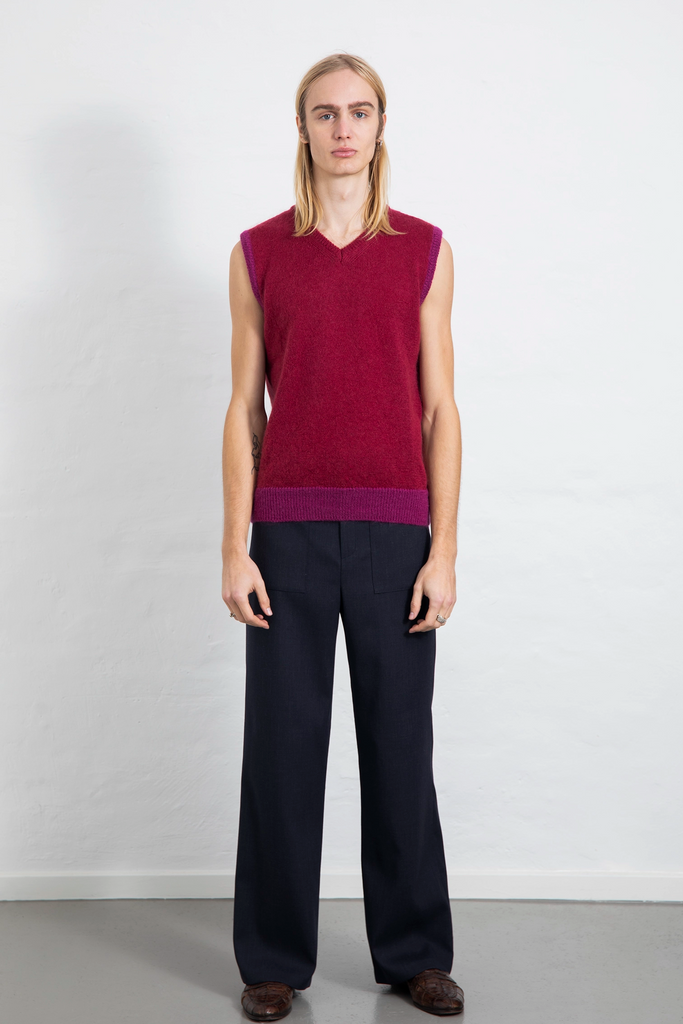 model aplo tiber burgundy mohair vest